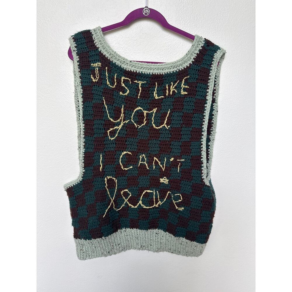 Handmade Crochet Sweater Vest Checkered Green Brown Just Like You I Can't Leave